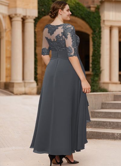 A-Line Long Sleeves Scoop Neck Chiffon Lace Ankle-Length Mother Of The Bride Dresses