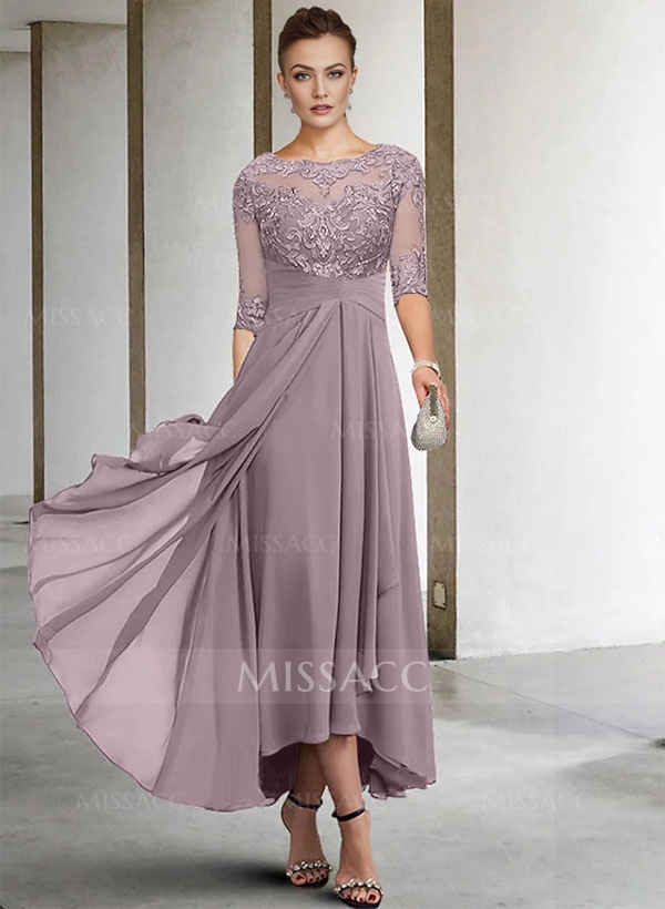 A-Line Long Sleeves Scoop Neck Chiffon Lace Ankle-Length Mother Of The Bride Dresses