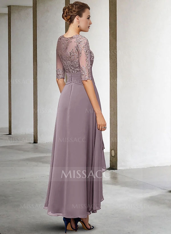 A-Line Long Sleeves Scoop Neck Chiffon Lace Ankle-Length Mother Of The Bride Dresses