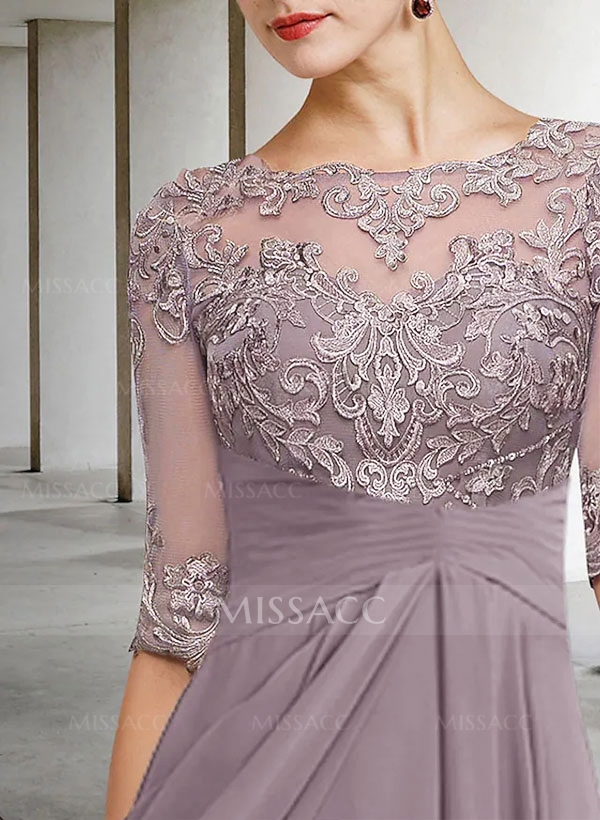 A-Line Long Sleeves Scoop Neck Chiffon Lace Ankle-Length Mother Of The Bride Dresses