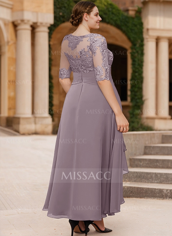 A-Line Long Sleeves Scoop Neck Chiffon Lace Ankle-Length Mother Of The Bride Dresses