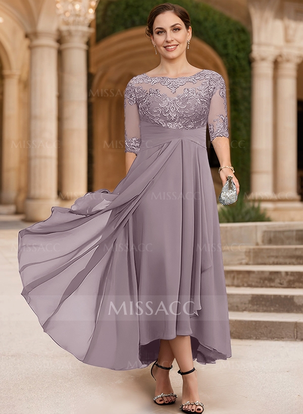 A-Line Long Sleeves Scoop Neck Chiffon Lace Ankle-Length Mother Of The Bride Dresses