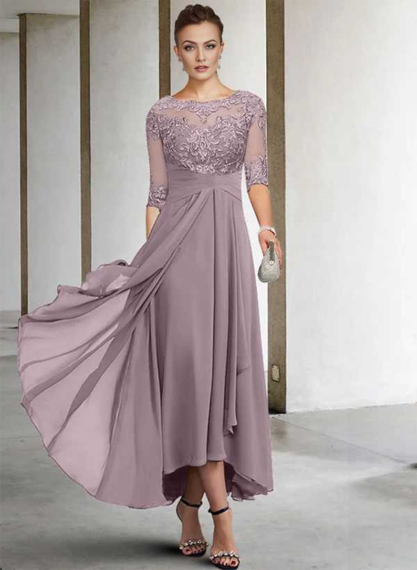 A-Line Long Sleeves Scoop Neck Chiffon Lace Ankle-Length Mother Of The Bride Dresses