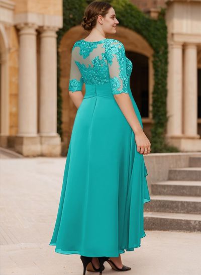 A-Line Long Sleeves Scoop Neck Chiffon Lace Ankle-Length Mother Of The Bride Dresses