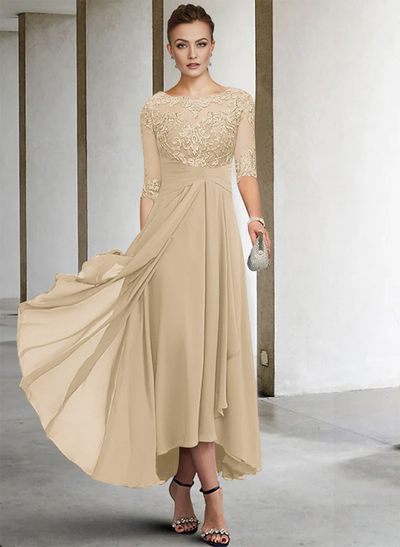 A-Line Long Sleeves Scoop Neck Chiffon Lace Ankle-Length Mother Of The Bride Dresses