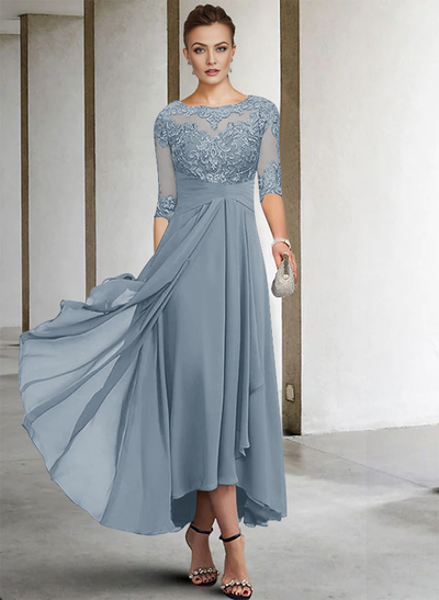 A-Line Long Sleeves Scoop Neck Chiffon Lace Ankle-Length Mother Of The Bride Dresses