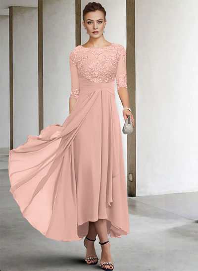 A-Line Long Sleeves Scoop Neck Chiffon Lace Ankle-Length Mother Of The Bride Dresses