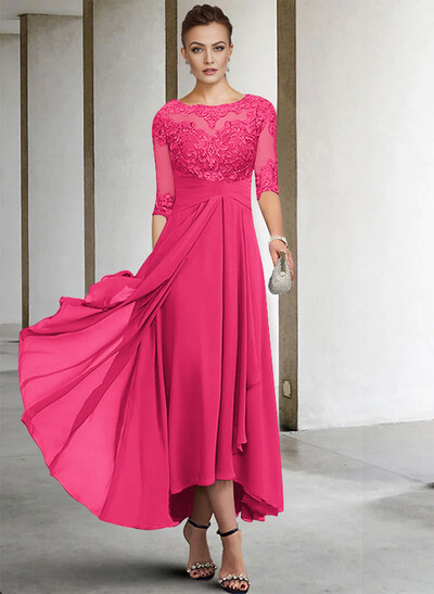 A-Line Long Sleeves Scoop Neck Chiffon Lace Ankle-Length Mother Of The Bride Dresses