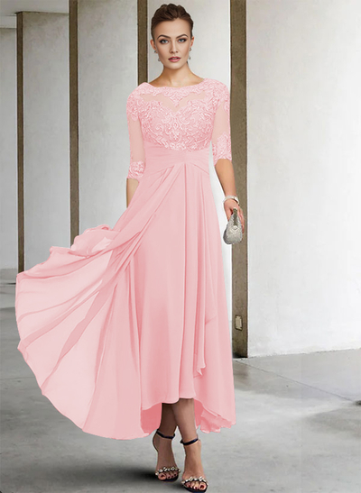 A-Line Long Sleeves Scoop Neck Chiffon Lace Ankle-Length Mother Of The Bride Dresses
