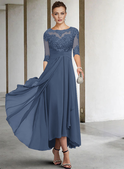 A-Line Long Sleeves Scoop Neck Chiffon Lace Ankle-Length Mother Of The Bride Dresses