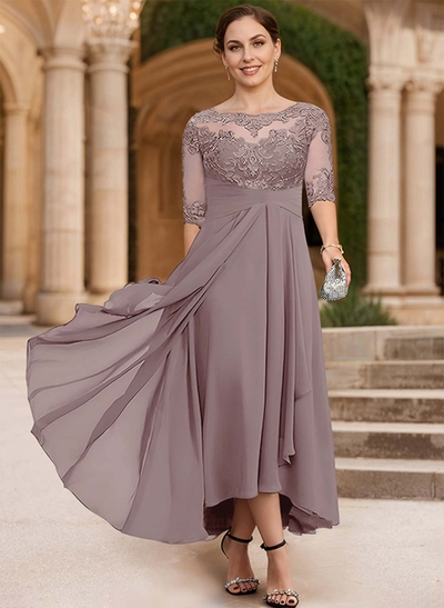 A-Line Long Sleeves Scoop Neck Chiffon Lace Ankle-Length Mother Of The Bride Dresses