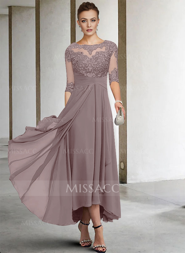 A-Line Long Sleeves Scoop Neck Chiffon Lace Ankle-Length Mother Of The Bride Dresses