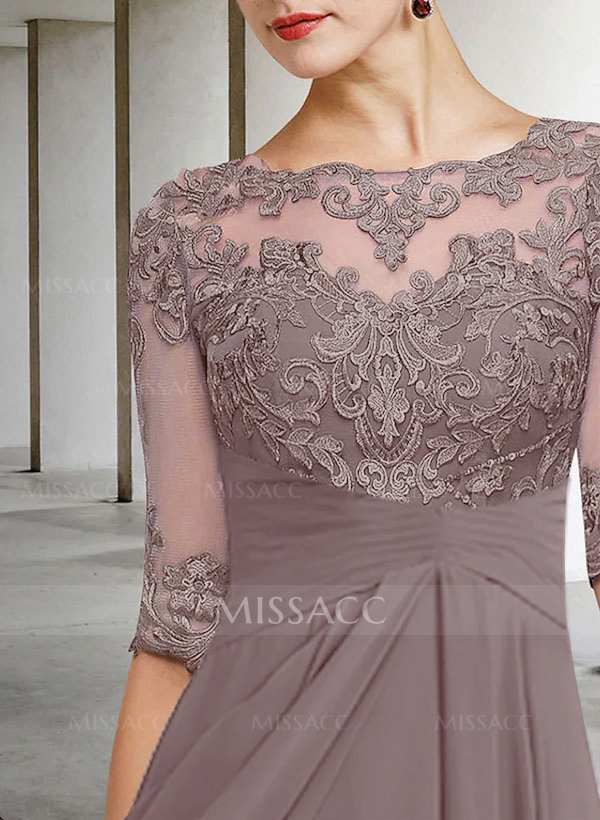 A-Line Long Sleeves Scoop Neck Chiffon Lace Ankle-Length Mother Of The Bride Dresses