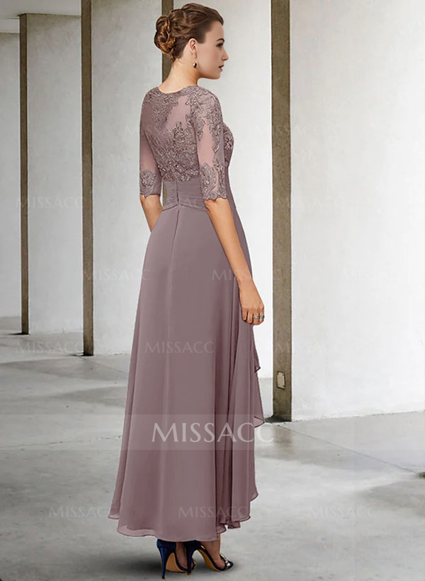 A-Line Long Sleeves Scoop Neck Chiffon Lace Ankle-Length Mother Of The Bride Dresses