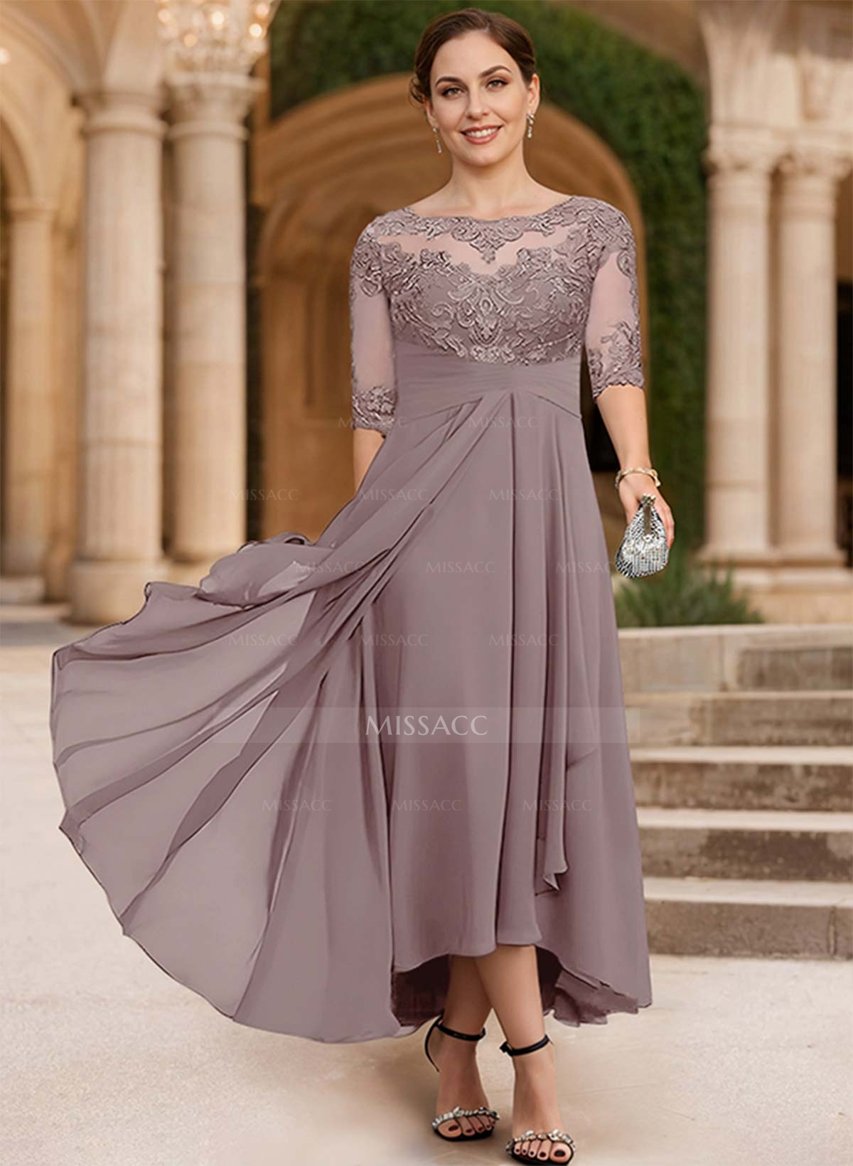 A-Line Long Sleeves Scoop Neck Chiffon Lace Ankle-Length Mother Of The Bride Dresses