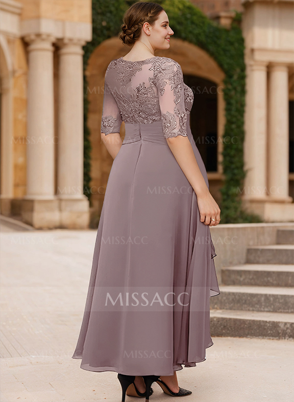 A-Line Long Sleeves Scoop Neck Chiffon Lace Ankle-Length Mother Of The Bride Dresses