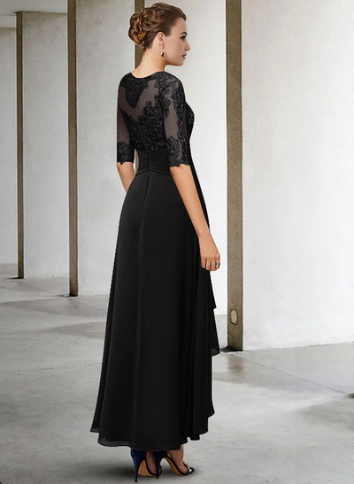 A-Line Long Sleeves Scoop Neck Chiffon Lace Ankle-Length Mother Of The Bride Dresses