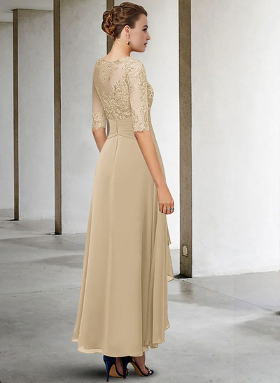 A-Line Long Sleeves Scoop Neck Chiffon Lace Ankle-Length Mother Of The Bride Dresses