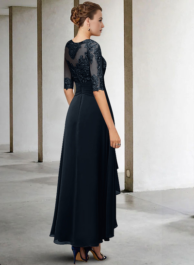 A-Line Long Sleeves Scoop Neck Chiffon Lace Ankle-Length Mother Of The Bride Dresses
