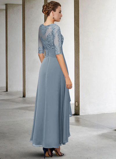 A-Line Long Sleeves Scoop Neck Chiffon Lace Ankle-Length Mother Of The Bride Dresses