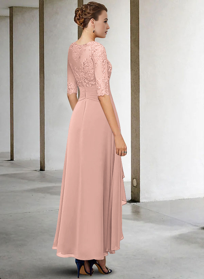 A-Line Long Sleeves Scoop Neck Chiffon Lace Ankle-Length Mother Of The Bride Dresses