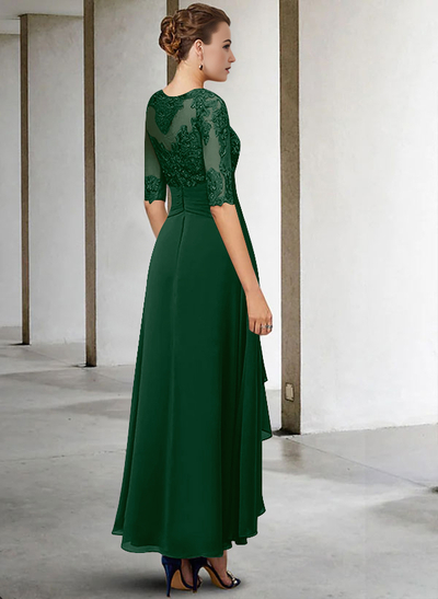 A-Line Long Sleeves Scoop Neck Chiffon Lace Ankle-Length Mother Of The Bride Dresses