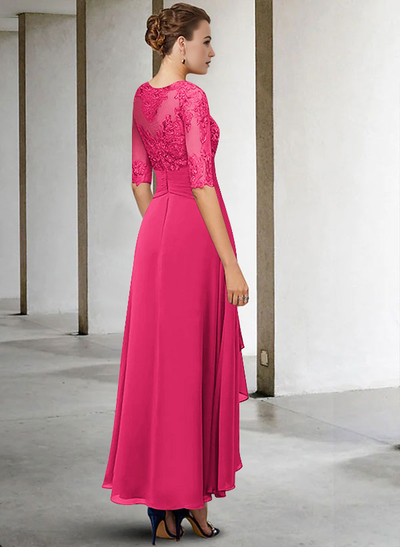 A-Line Long Sleeves Scoop Neck Chiffon Lace Ankle-Length Mother Of The Bride Dresses