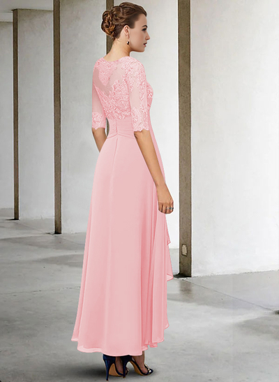 A-Line Long Sleeves Scoop Neck Chiffon Lace Ankle-Length Mother Of The Bride Dresses