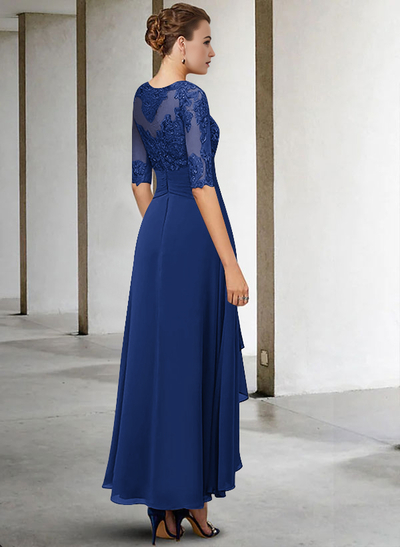A-Line Long Sleeves Scoop Neck Chiffon Lace Ankle-Length Mother Of The Bride Dresses