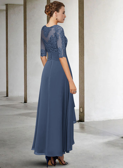 A-Line Long Sleeves Scoop Neck Chiffon Lace Ankle-Length Mother Of The Bride Dresses