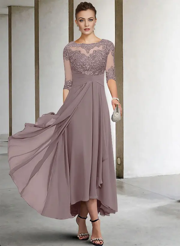 A-Line Long Sleeves Scoop Neck Chiffon Lace Ankle-Length Mother Of The Bride Dresses