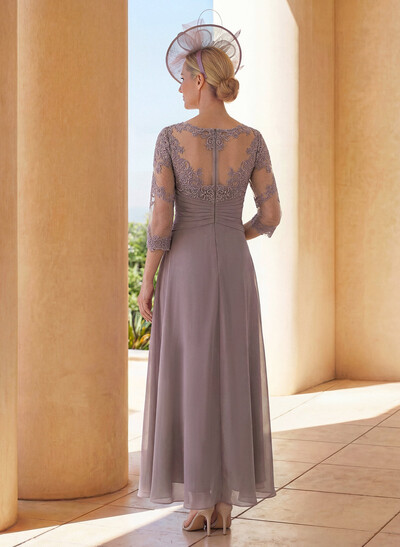 A-Line Long Sleeves Scoop Neck Chiffon Lace Ankle-Length Mother Of The Bride Dresses