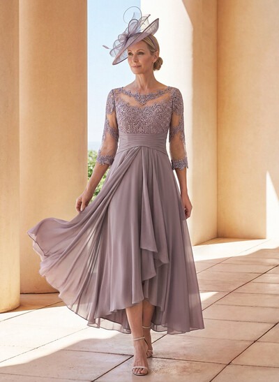 A-Line Long Sleeves Scoop Neck Chiffon Lace Ankle-Length Mother Of The Bride Dresses