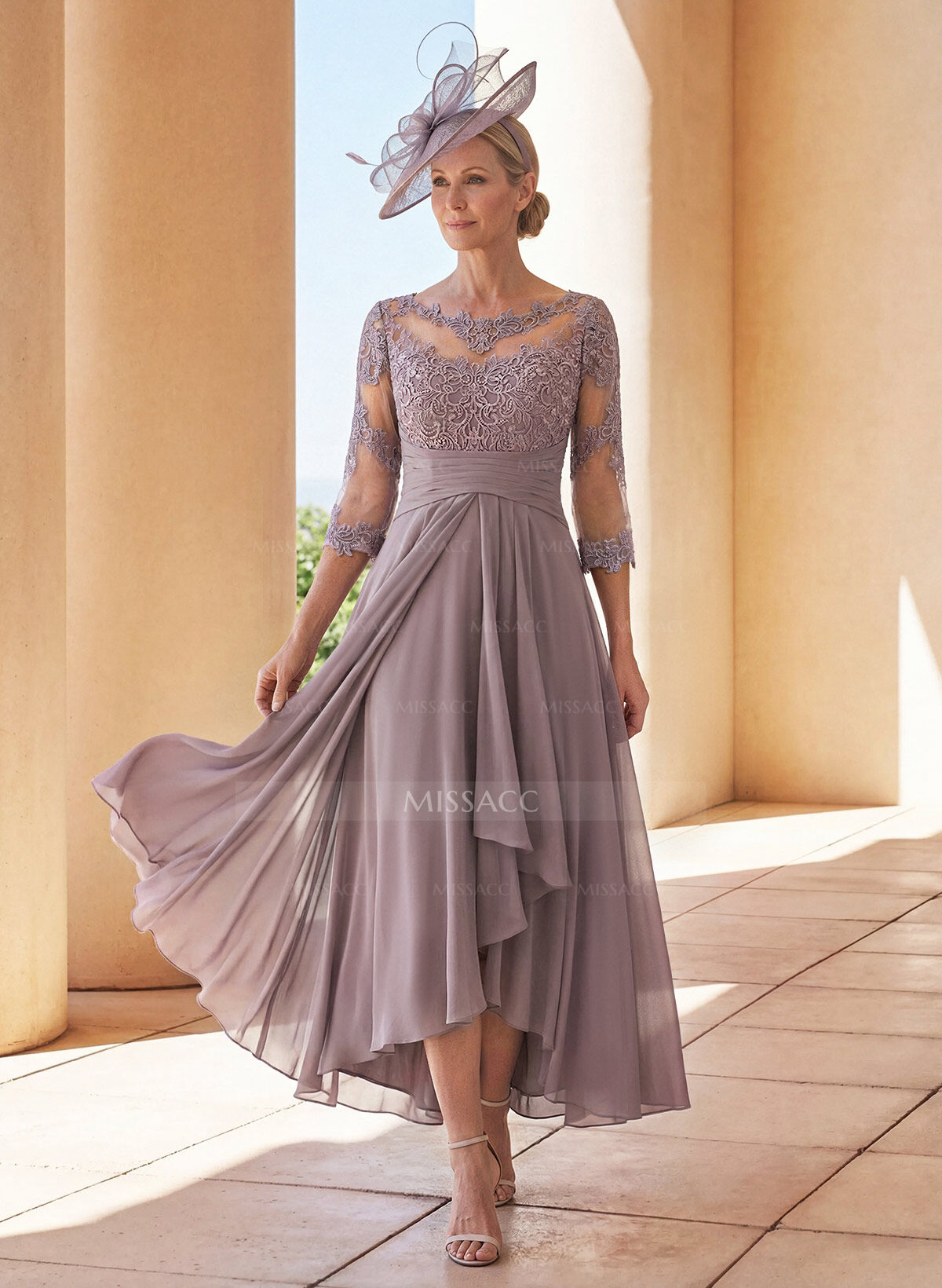 A-Line Long Sleeves Scoop Neck Chiffon Lace Ankle-Length Mother Of The Bride Dresses