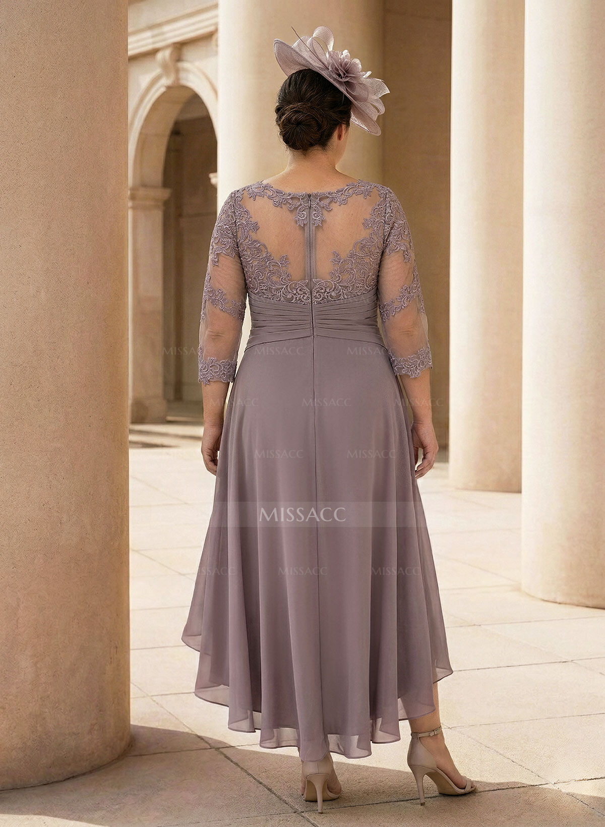 A-Line Long Sleeves Scoop Neck Chiffon Lace Ankle-Length Mother Of The Bride Dresses