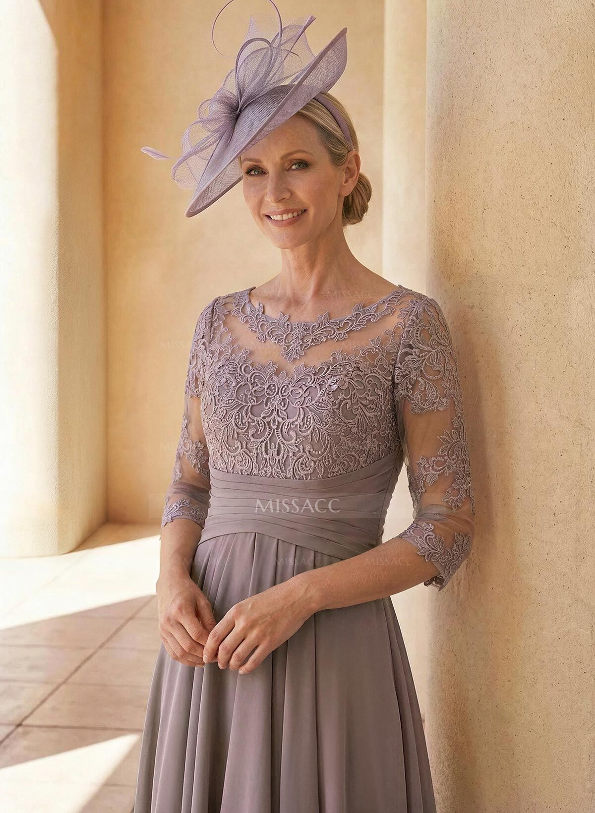 A-Line Long Sleeves Scoop Neck Chiffon Lace Ankle-Length Mother Of The Bride Dresses