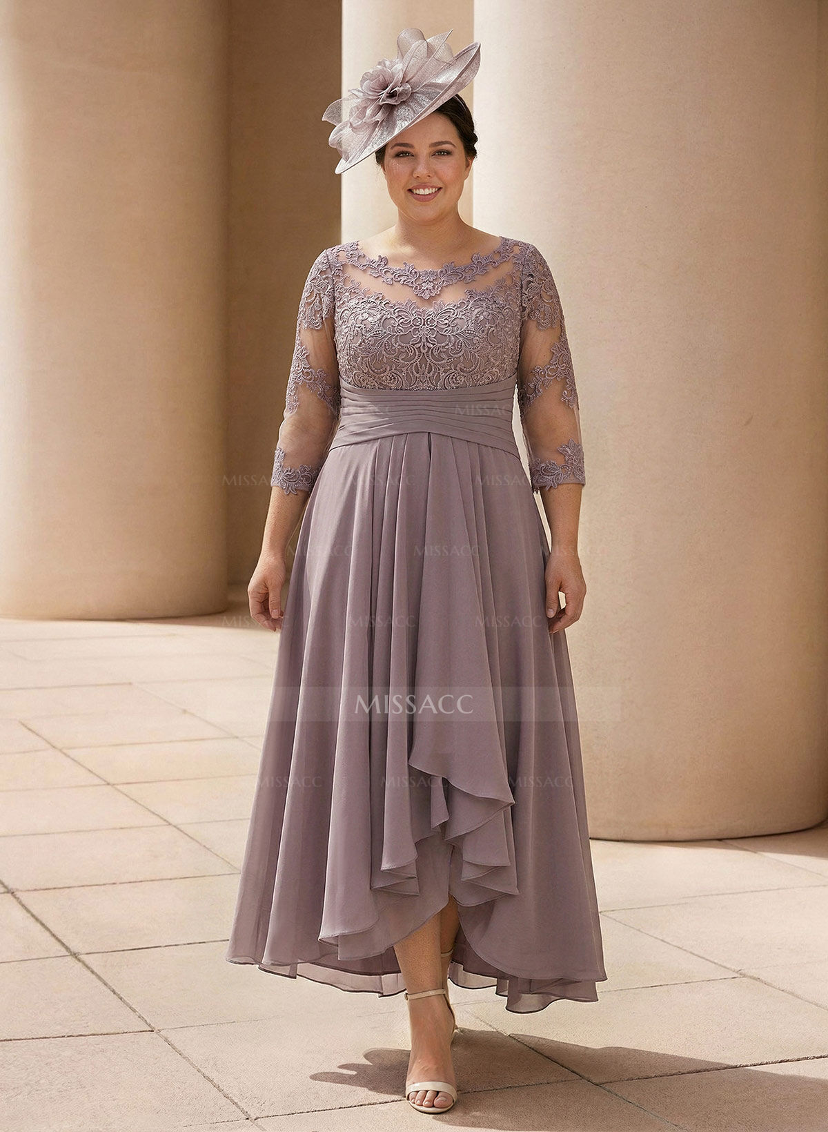 A-Line Long Sleeves Scoop Neck Chiffon Lace Ankle-Length Mother Of The Bride Dresses