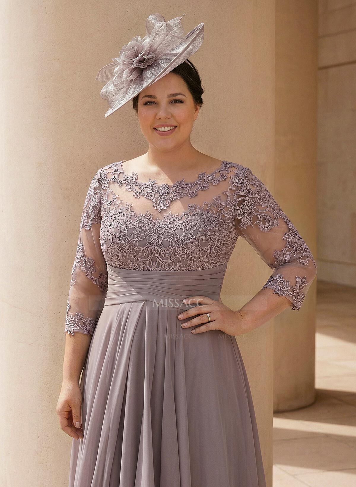 A-Line Long Sleeves Scoop Neck Chiffon Lace Ankle-Length Mother Of The Bride Dresses