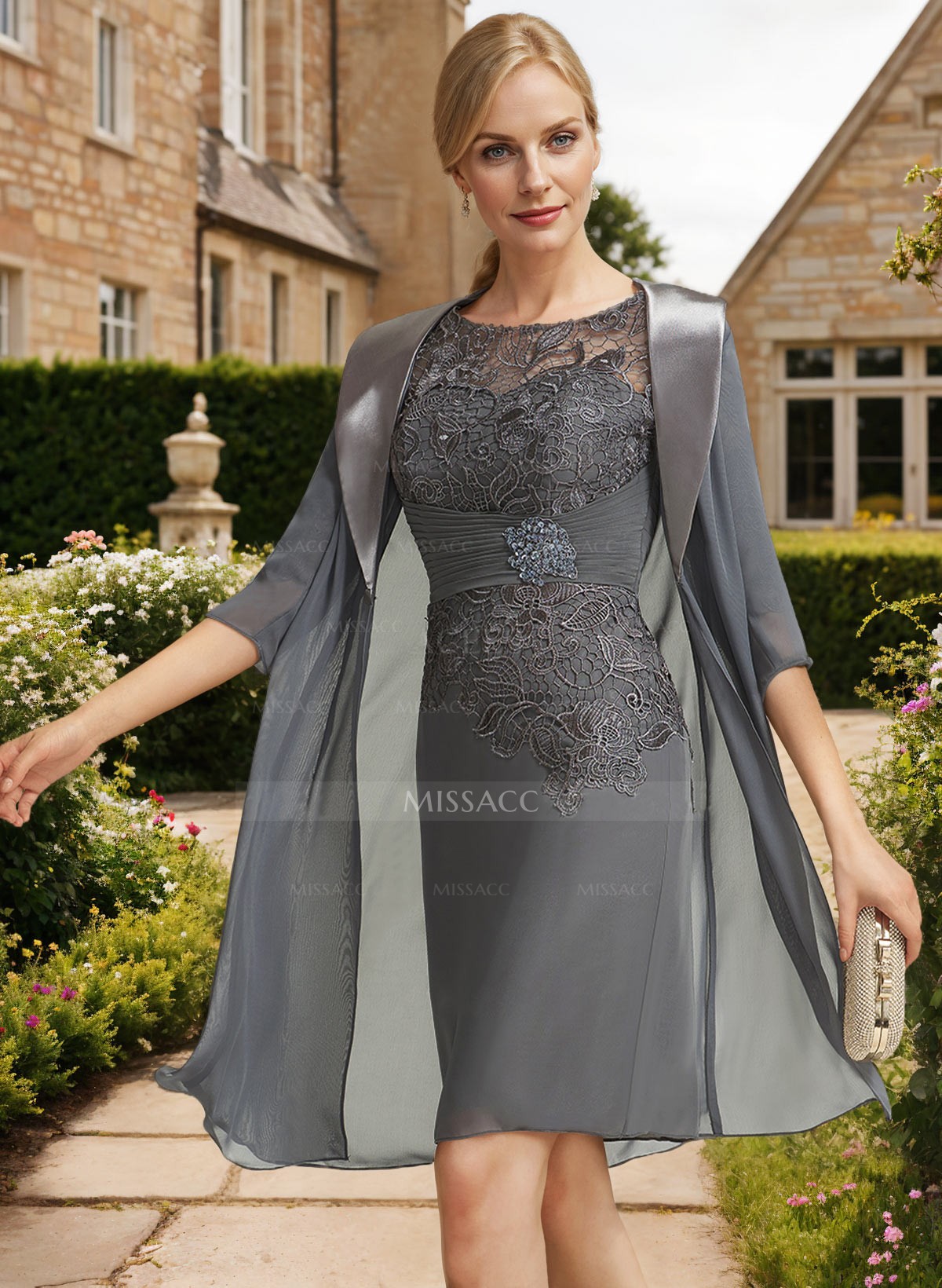 Sheath/Column 1/2 Sleeves Scoop Neck Chiffon Lace Mother Of The Bride Dresses