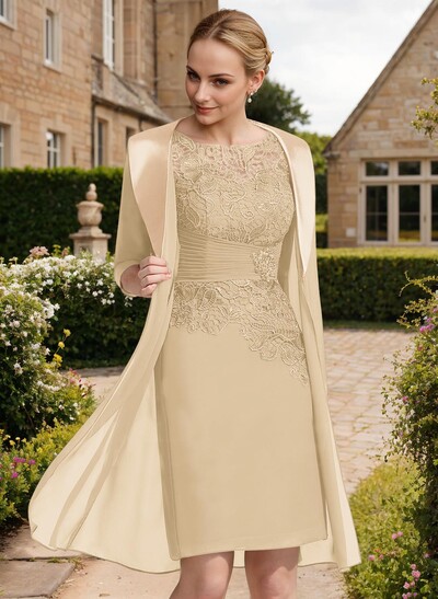 Sheath/Column 1/2 Sleeves Scoop Neck Chiffon Lace Mother Of The Bride Dresses