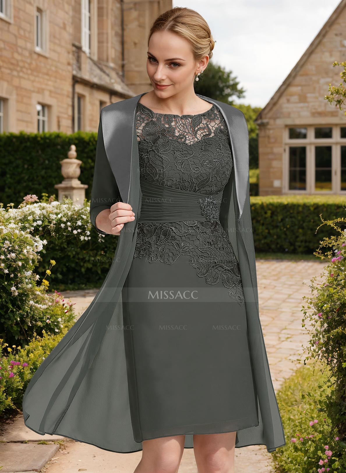Sheath/Column 1/2 Sleeves Scoop Neck Chiffon Lace Mother Of The Bride Dresses