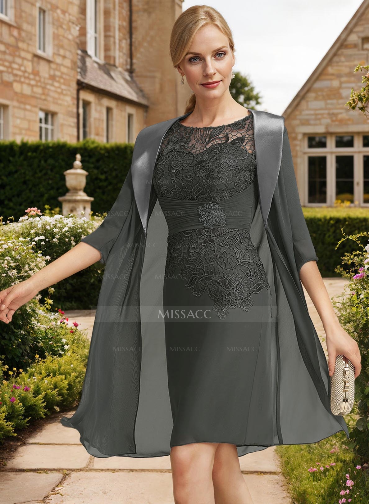 Sheath/Column 1/2 Sleeves Scoop Neck Chiffon Lace Mother Of The Bride Dresses