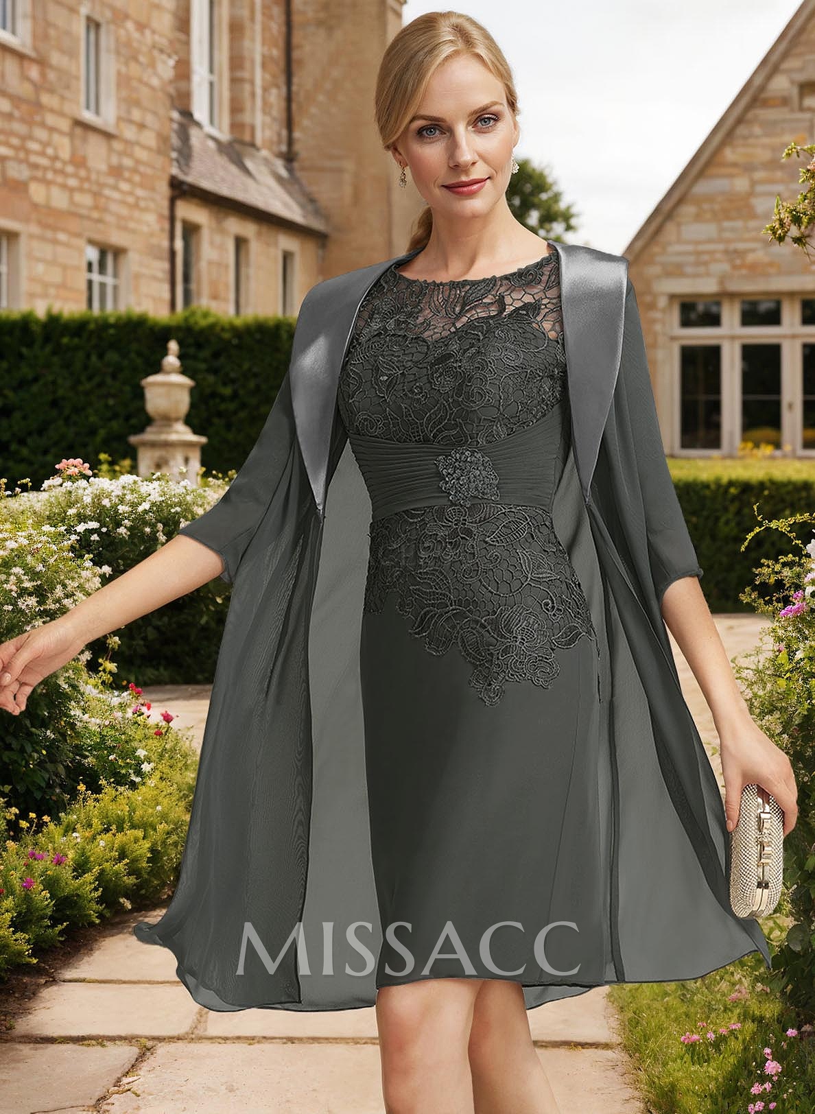 Sheath/Column 1/2 Sleeves Scoop Neck Chiffon Lace Mother Of The Bride Dresses