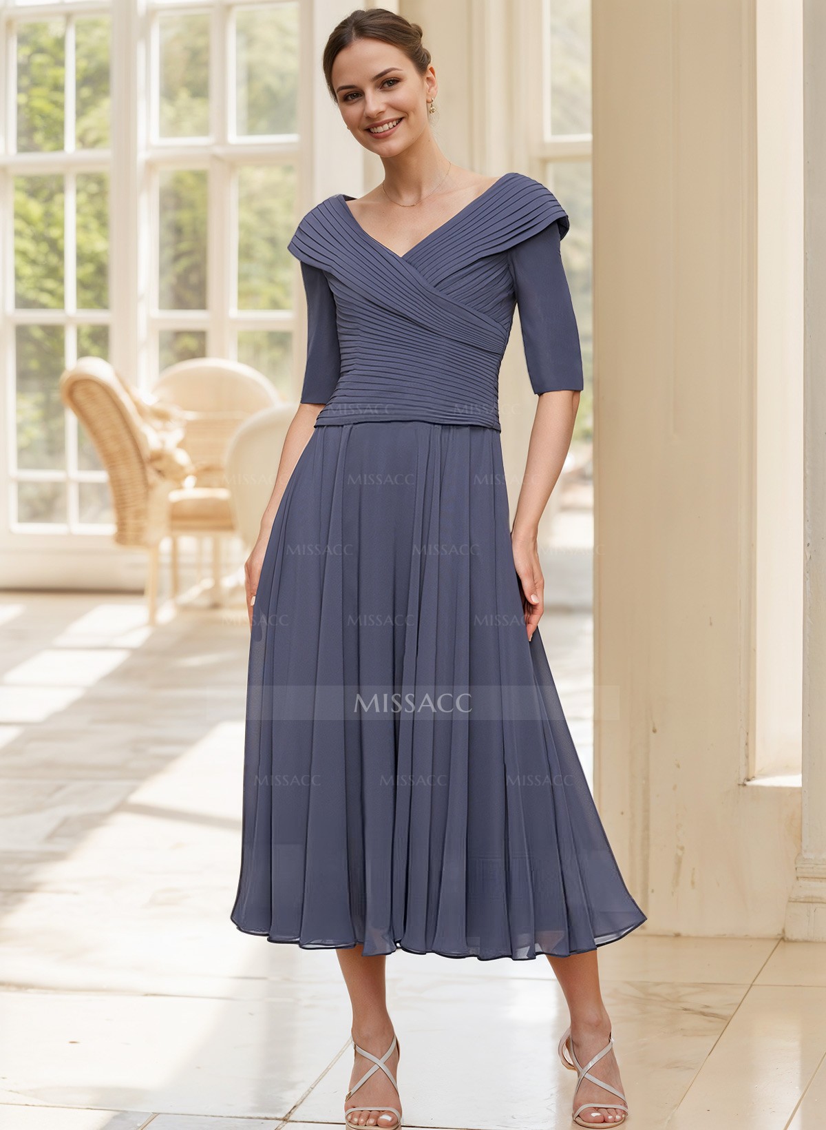 A-Line V-Neck 1/2 Sleeves Tea-Length Chiffon Mother Of The Bride Dresses With Pleated