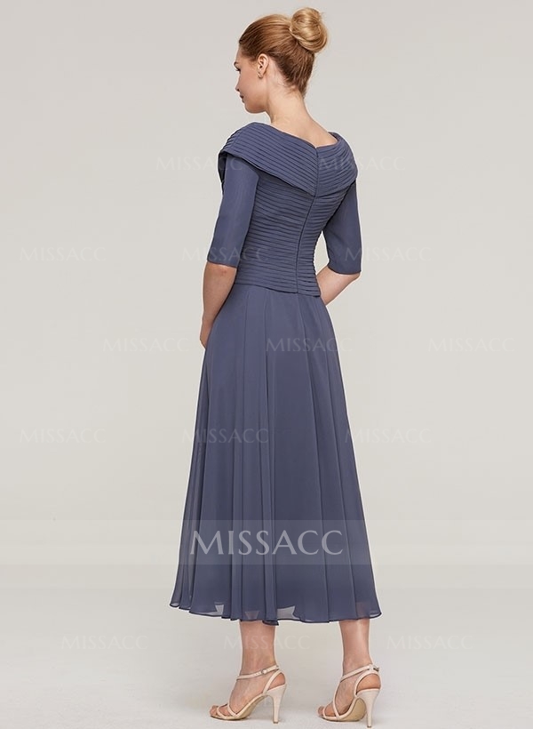A-Line V-Neck 1/2 Sleeves Tea-Length Chiffon Mother Of The Bride Dresses With Pleated
