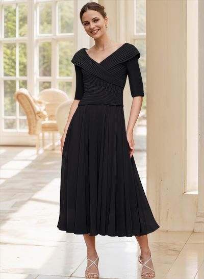 A-Line V-Neck 1/2 Sleeves Tea-Length Chiffon Mother Of The Bride Dresses With Pleated