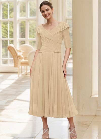 A-Line V-Neck 1/2 Sleeves Tea-Length Chiffon Mother Of The Bride Dresses With Pleated