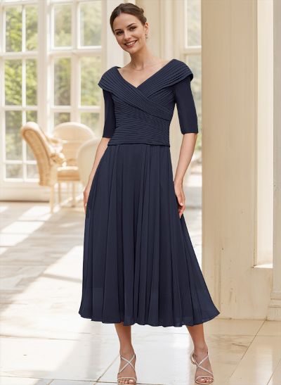 A-Line V-Neck 1/2 Sleeves Tea-Length Chiffon Mother Of The Bride Dresses With Pleated