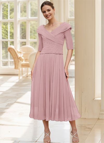 A-Line V-Neck 1/2 Sleeves Tea-Length Chiffon Mother Of The Bride Dresses With Pleated