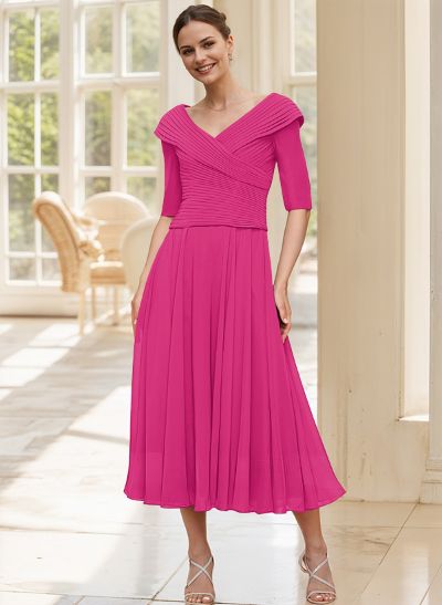 A-Line V-Neck 1/2 Sleeves Tea-Length Chiffon Mother Of The Bride Dresses With Pleated